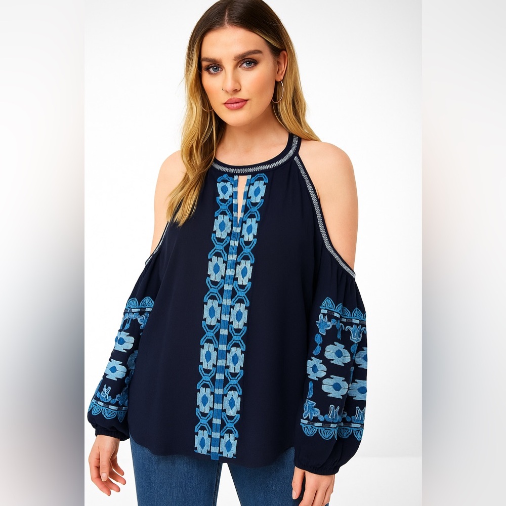 Sugar Lips Navy Embroidered Cold Shoulder Blouse Size S